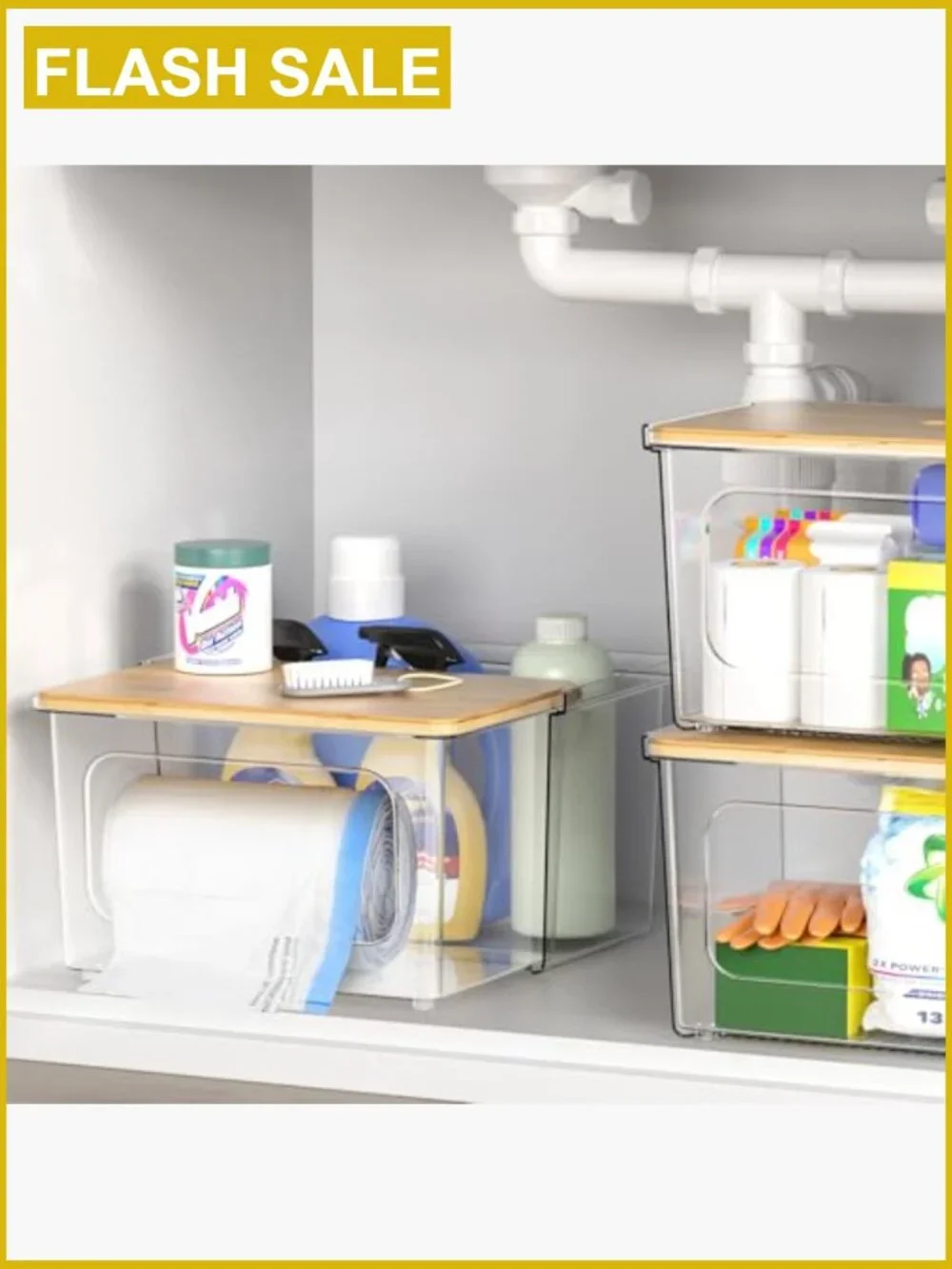 Trash Bag Dispenser Holder 2-in-1 Acrylic Under Sink Organizer with Bamboo Lid